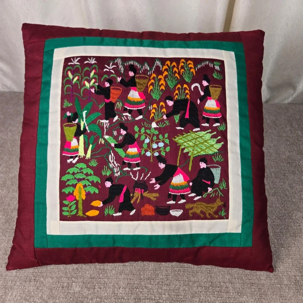 Vtg Hmong Story Cloth Embroidered Throw Pillow Burgundy Square Folk Art 16